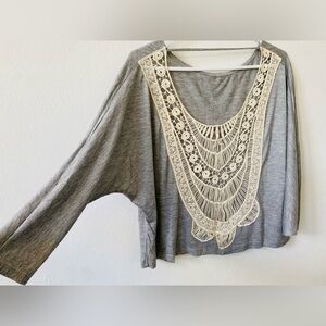 EUC Gray Women's Crochet-Trim Drop Shoulder Top M